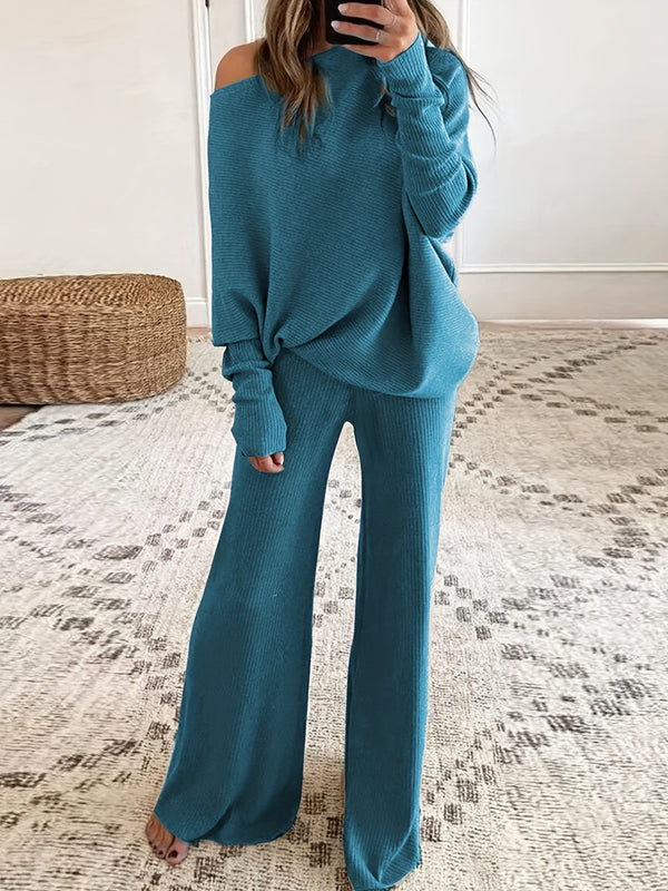 Women's Autumn and Winter Solid Color Off-Shoulder Sweater Top with Pants Set