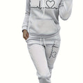 Women's Maroon Casual Fall/Winter Set - Heartbeat Print Hoodie with Kangaroo Pocket & Matching Joggers, Polyester-Spandex Blend, Machine Washable, Hoodie And Jogger Set