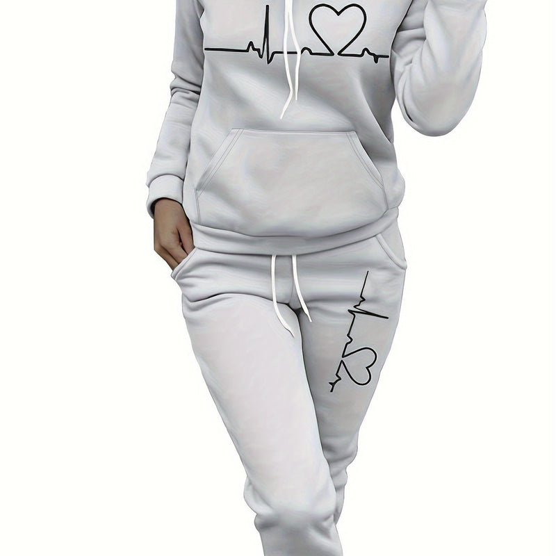 Women's Maroon Casual Fall/Winter Set - Heartbeat Print Hoodie with Kangaroo Pocket & Matching Joggers, Polyester-Spandex Blend, Machine Washable, Hoodie And Jogger Set