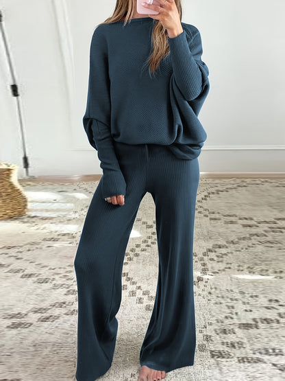 Women's Autumn and Winter Solid Color Off-Shoulder Sweater Top with Pants Set