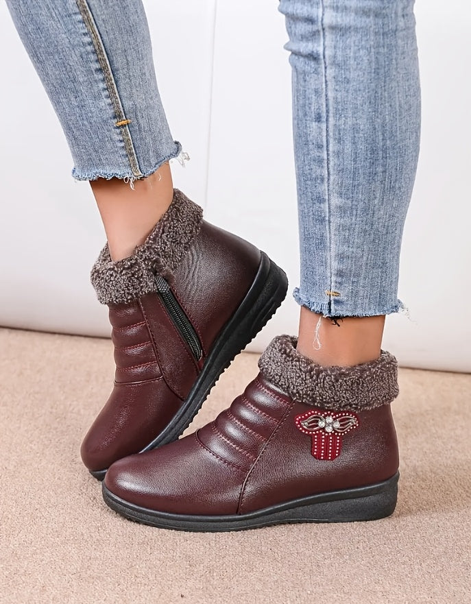 Women's Elegant Black Winter Snow Boots - Warm Fleece-Lined, Windproof Flat Ankle Boots with Non-Slip Rubber Sole, Decorative Bow Detail - Ideal for Outdoor Walks, Parties, and Camping, Soft Bottom, Snow Boots