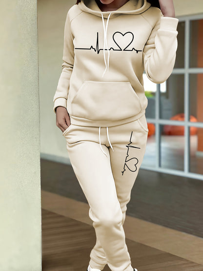 Women's Maroon Casual Fall/Winter Set - Heartbeat Print Hoodie with Kangaroo Pocket & Matching Joggers, Polyester-Spandex Blend, Machine Washable, Hoodie And Jogger Set