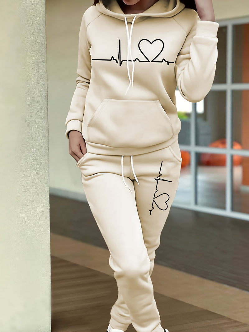 Women's Maroon Casual Fall/Winter Set - Heartbeat Print Hoodie with Kangaroo Pocket & Matching Joggers, Polyester-Spandex Blend, Machine Washable, Hoodie And Jogger Set