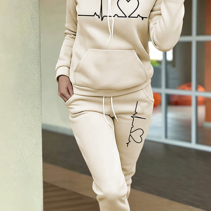 Women's Maroon Casual Fall/Winter Set - Heartbeat Print Hoodie with Kangaroo Pocket & Matching Joggers, Polyester-Spandex Blend, Machine Washable, Hoodie And Jogger Set