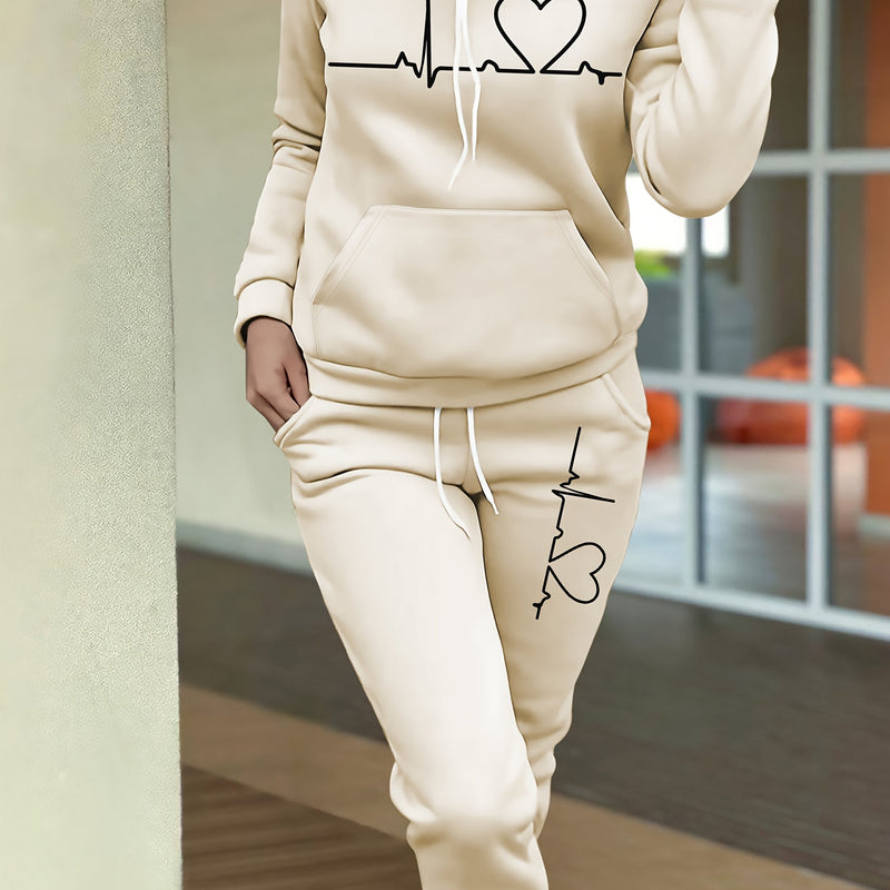Women's Maroon Casual Fall/Winter Set - Heartbeat Print Hoodie with Kangaroo Pocket & Matching Joggers, Polyester-Spandex Blend, Machine Washable, Hoodie And Jogger Set
