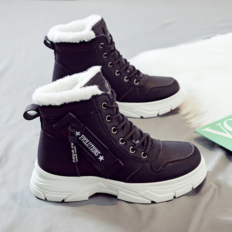 Women'S Casual Winter Boots - Thick Sole, Lace-Up, Round Toe, Mid-Heel, Warm Fleece Lined, All-Season Boots, Casual Boots|Round Toe Boots|Laceup Boots